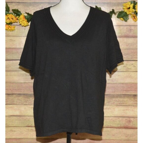 NWT Premise Black V-Neck Ribbed Knit Top Size XL Short Sleeve Stretch Soft Rayon - Picture 1 of 9